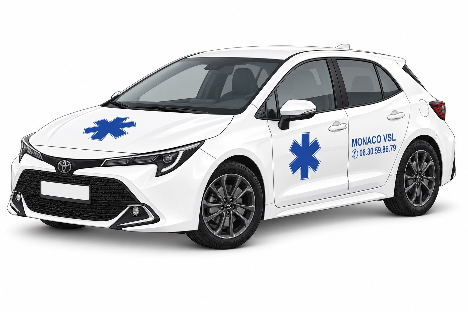 Illustration en trois-quarts d’une Toyota Corolla blanche portant le marquage bleu Monaco VSL sur le capot et les portières.